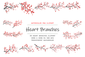 Watercolor Heart Branches Clipart