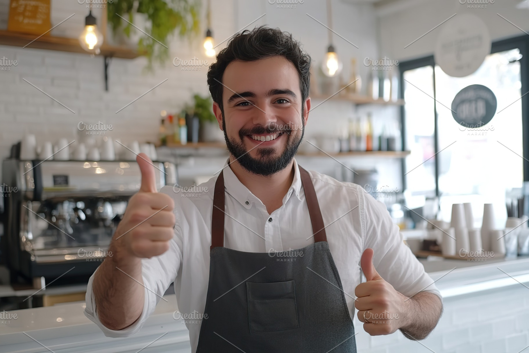 Cute man barista stands behind the counter of coffee shop. Takeaway food, showi, a Photo by AlyaAnd