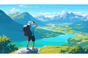 Tourist landscape cartoon. Man, an Illustration by Stock-Smart-Start