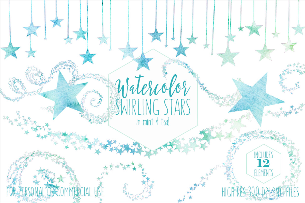 Teal & Mint Watercolor Star Clipart, an Illustration by ClipartBrat Graphics (Photo 1 of 5)