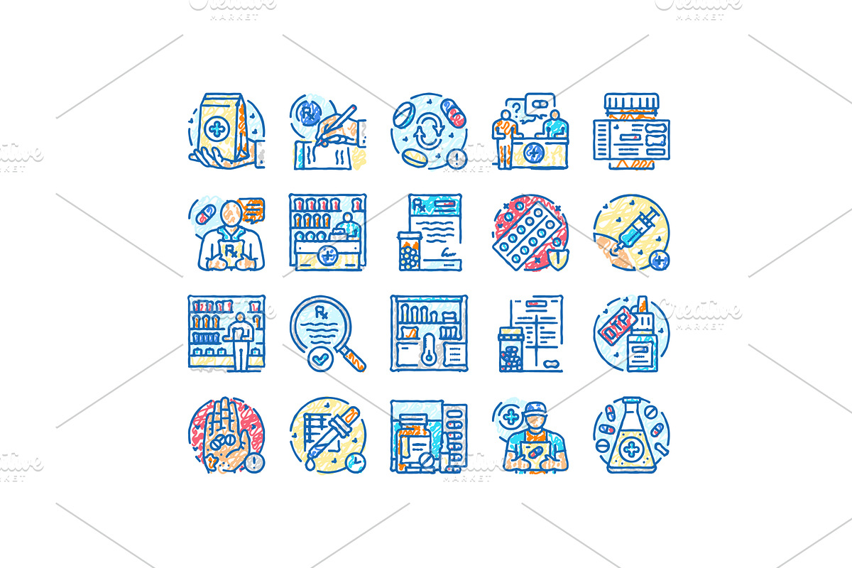 pharmacist medicine retail icons, an Object Illustration by pikepicture