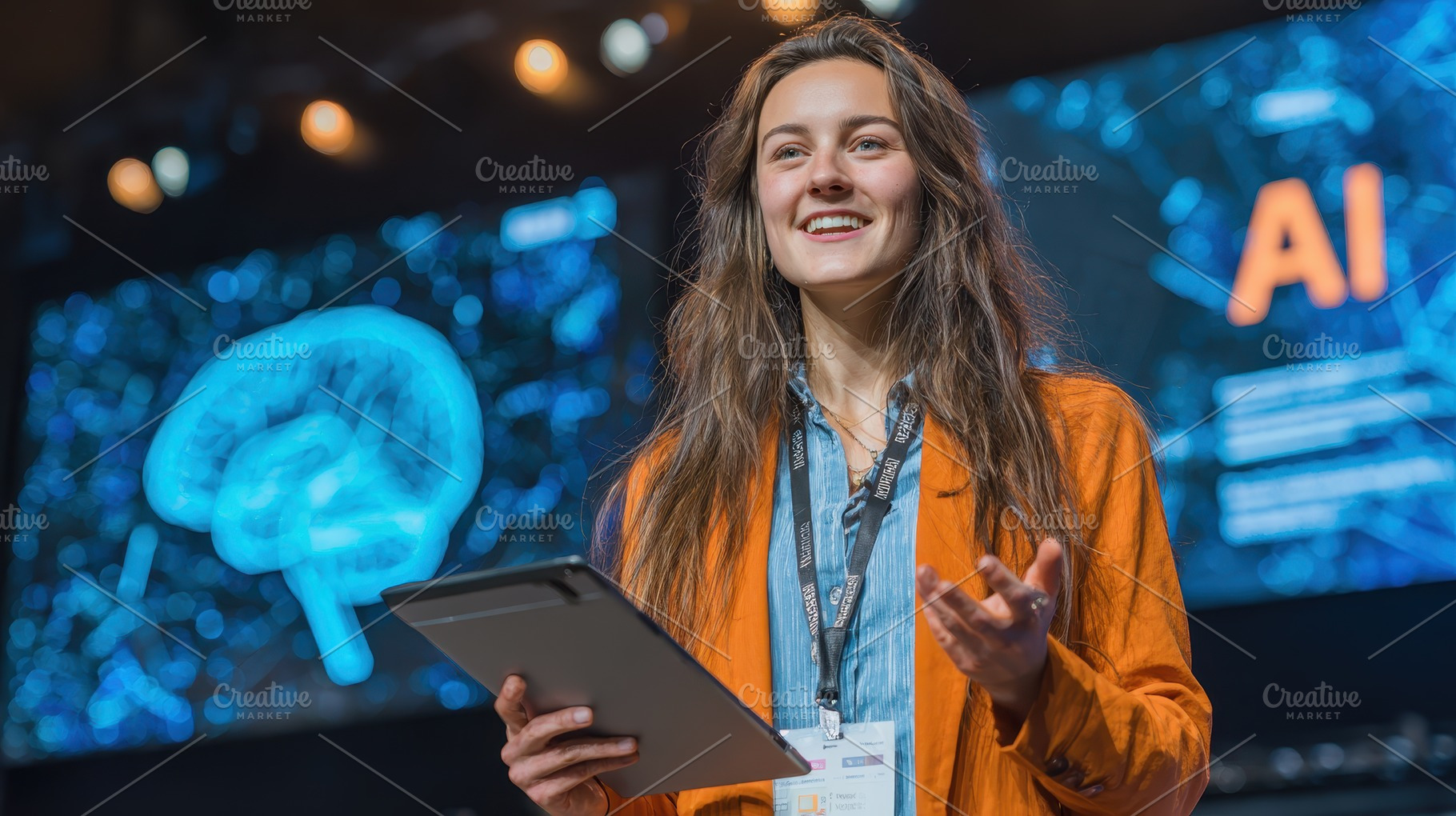 Woman Speaker Presenting AI Technolo, a Photo by Pixeness Studio