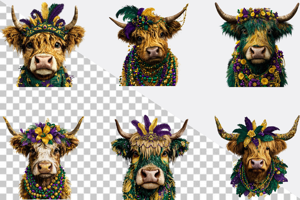 Cute Mardi Gras Highland Cow Clipart, an Illustration by SVGArt (Photo 2 of 7)