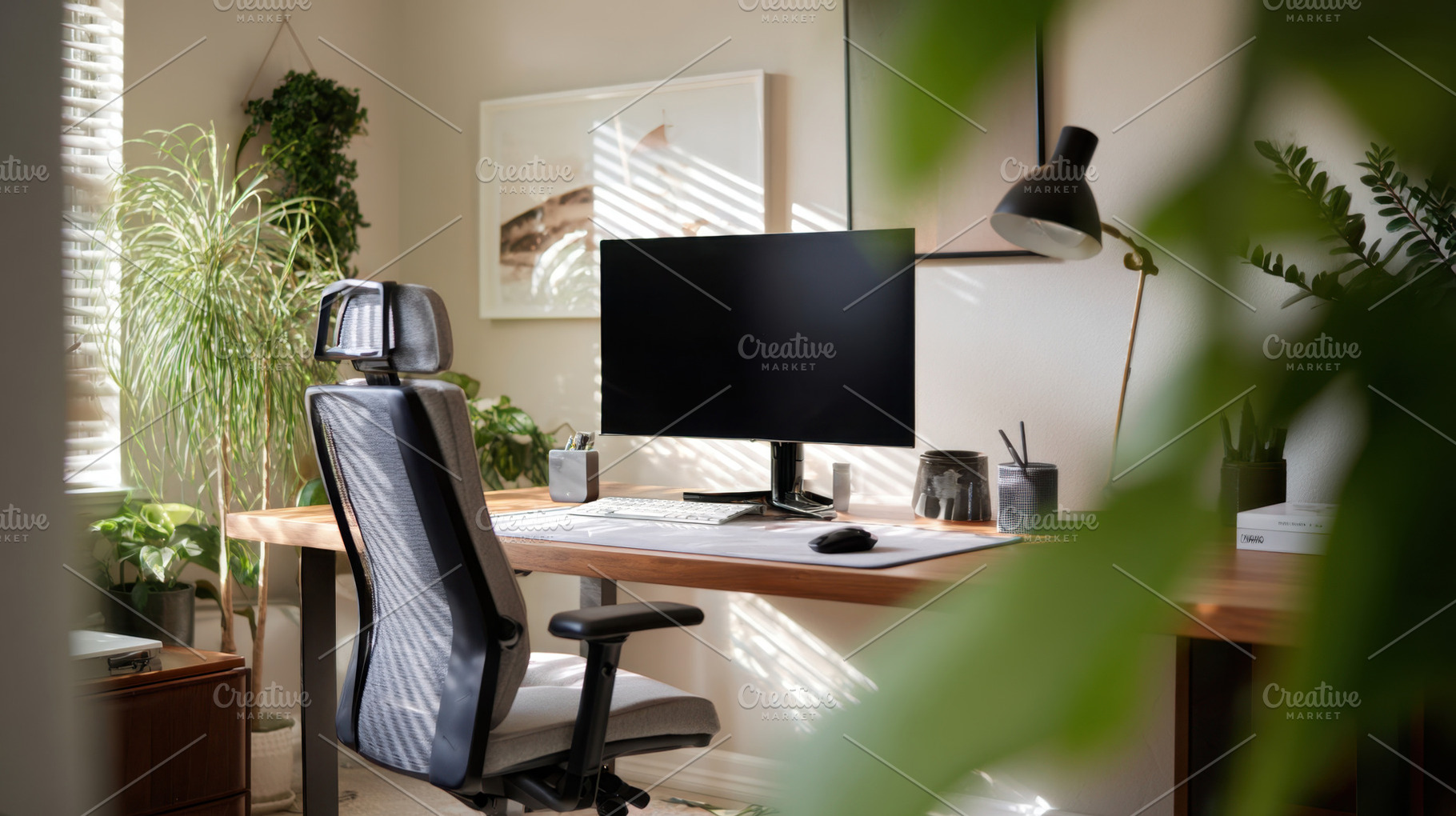 Home office with computer and plants, a Photo by Beautiful things