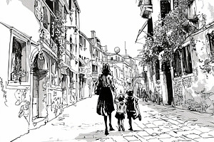 Mother and children walking through quaint cobblestone street in illustrated st, an Illustration by AS photostudio
