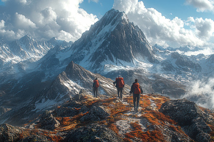 Hikers trek across a rugged, mountai, a Background Photo by Pixeness