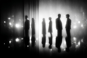 Business employees in silhouette standing with reflections against a moody city, a Photo by AS photostudio