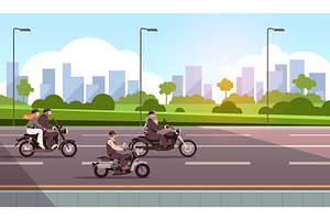 Motorbike riders. Bikers group on, a Transportation Illustration by YummyBuum
