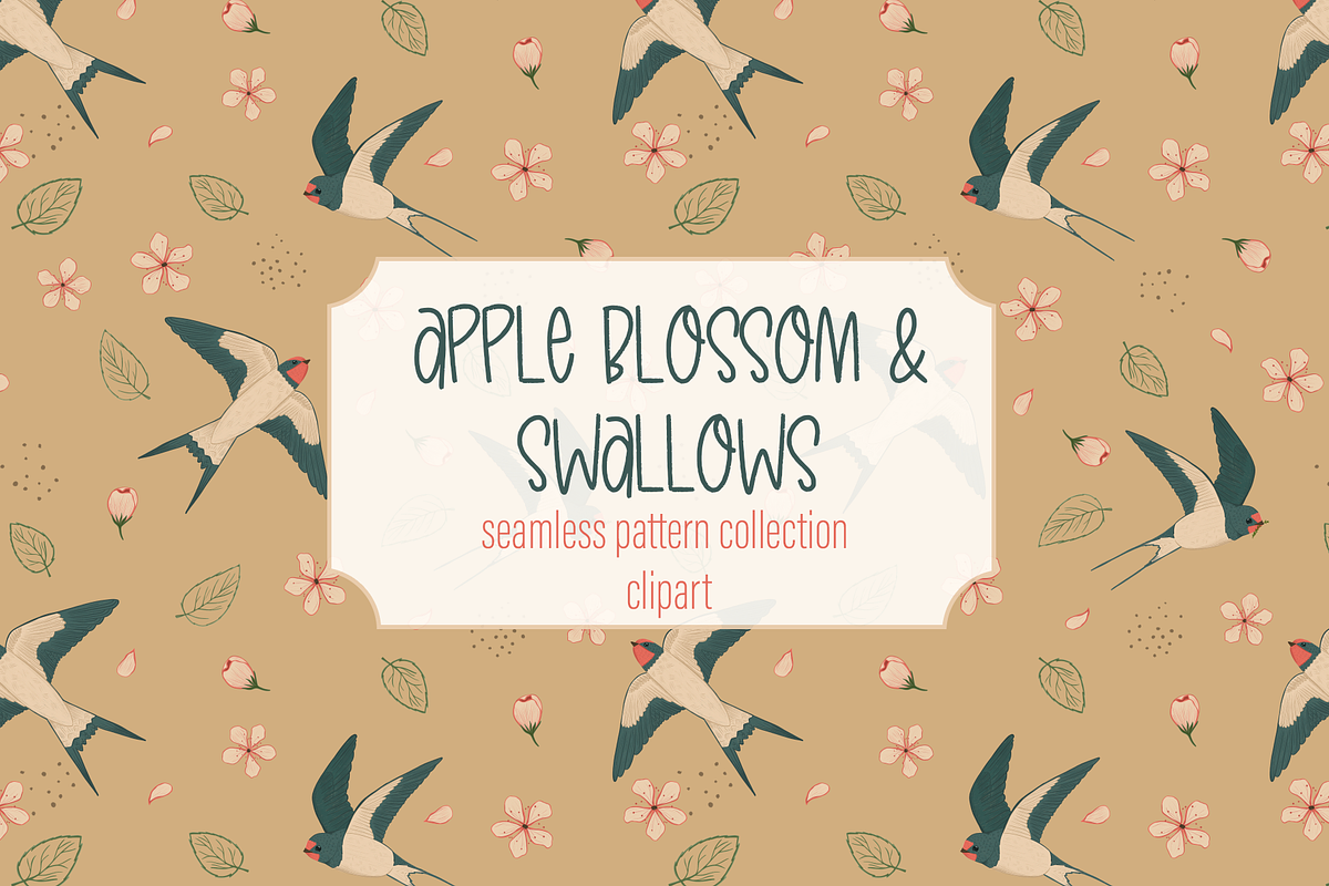 Vintage Apple Blossom & Swallows, a Pattern Graphic by PenguinArtStudio (Photo 1 of 15)