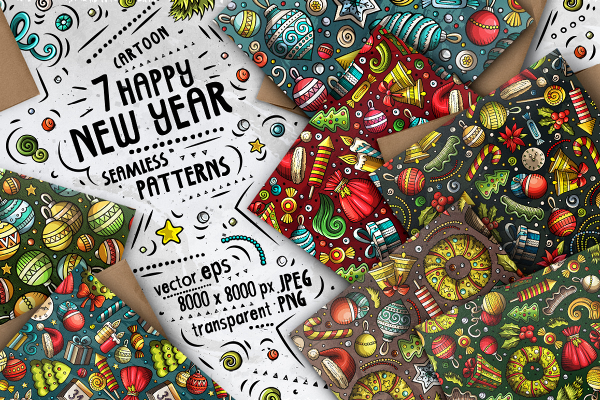7 New Year Cartoon Seamless Patterns, a Pattern Graphic by BALABOLKA (Photo 1 of 8)