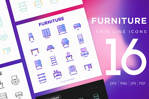 Furniture | 16 Thin Line Icons Set, an Outline Icon by Alex Blogoodf