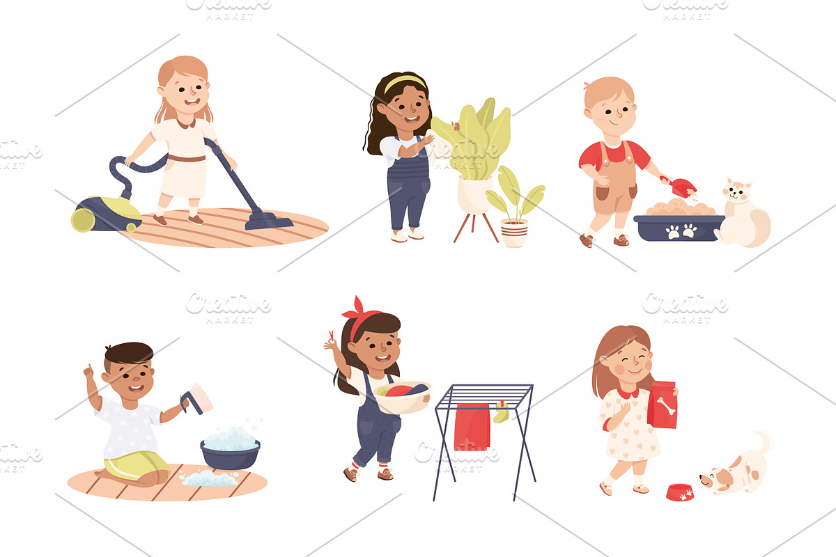 Cute Boy and Girl Doing Housework, a Person Illustration by TopVectors