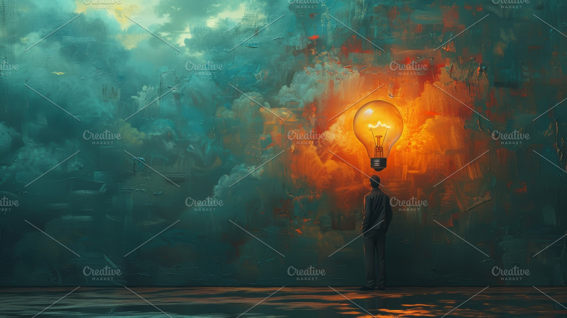 Imaginative concept of man with glowing light bulb idea, a Photo by AS photostudio