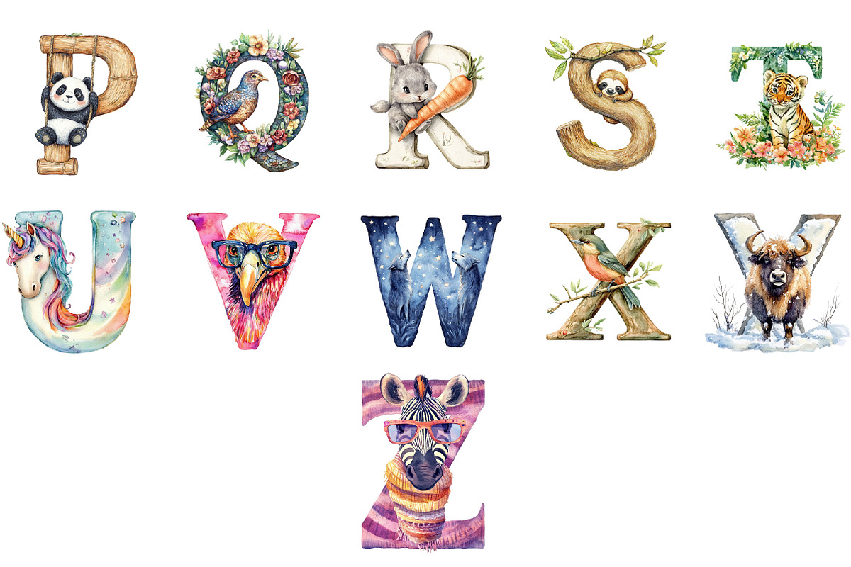 Cute Animal Alphabet Clipart Bundle, an Illustration by Designworld (Photo 3 of 6)