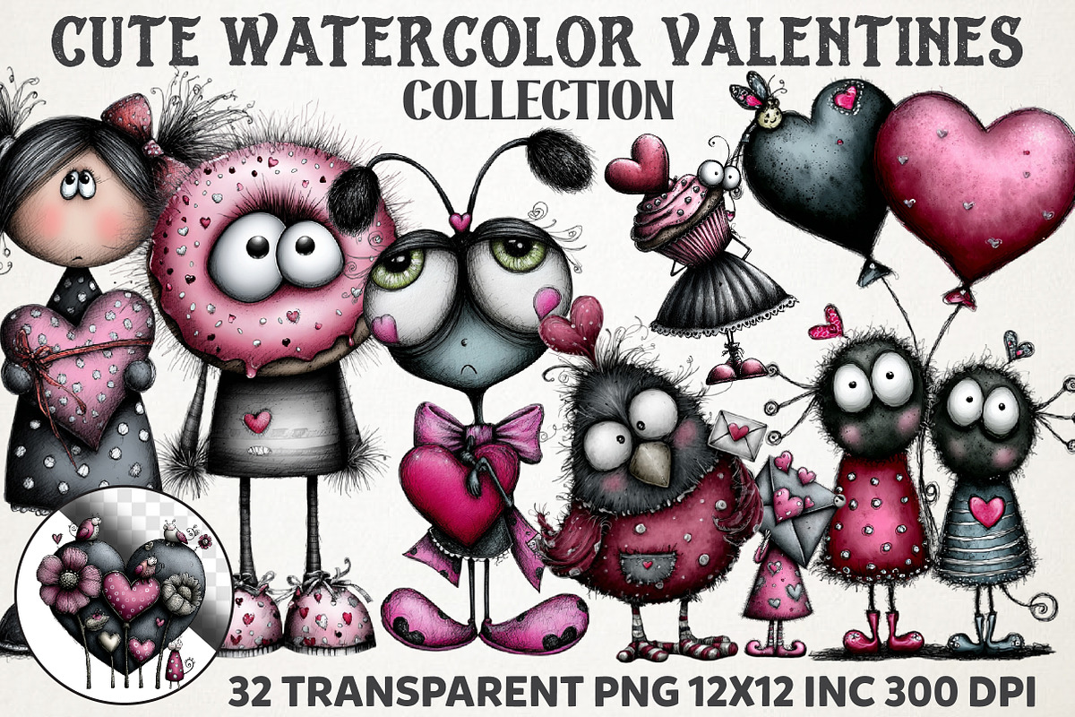 Cute Watercolor Valentines Clipart B, an Illustration by RobertsArt (Photo 1 of 7)