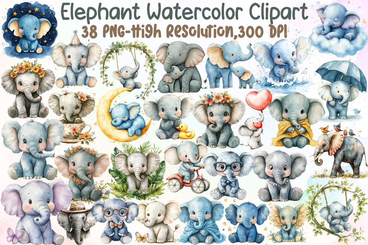 Elephant Watercolor Cliparts, an Illustration by Sublimation Artist (Photo 1 of 6)