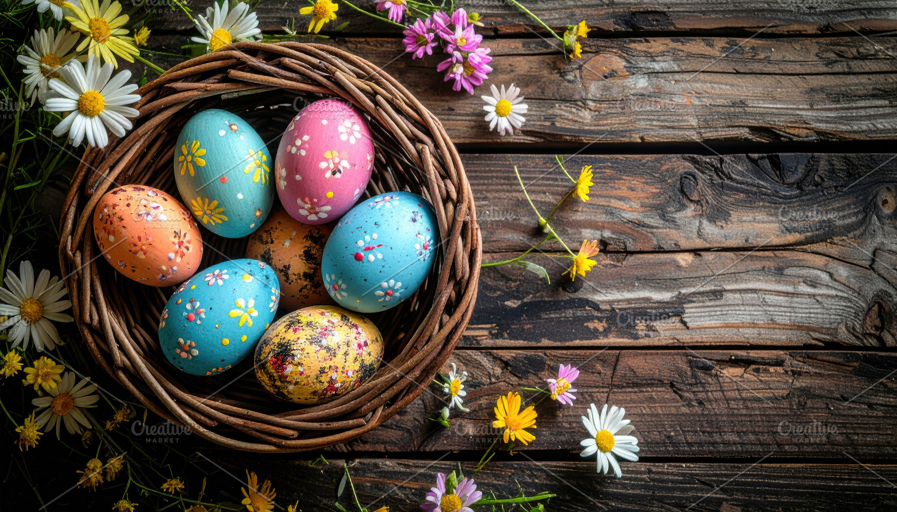 Colorful Easter Eggs in Wicker Basket Flat Lay, a Sports & Recreation Photo by Davizro's Market