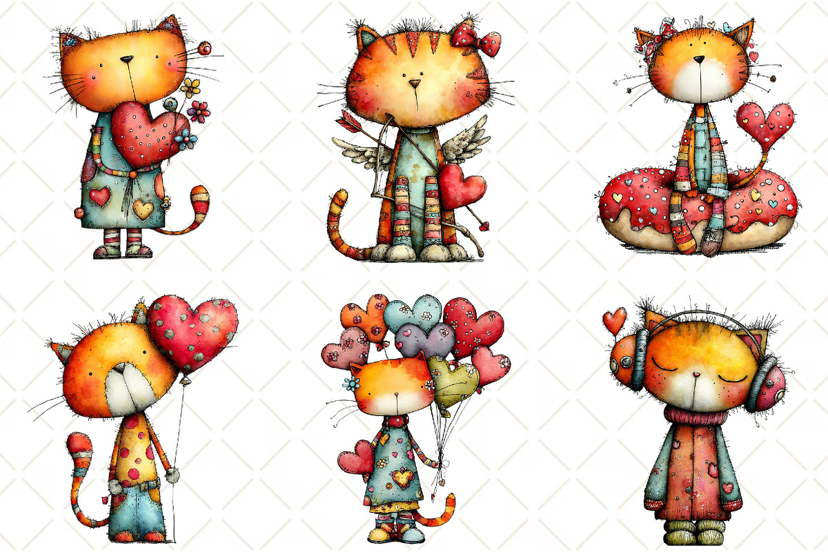Quirky Valentine Cats Clipart, an Animal Illustration by Black Bird Studio (Photo 3 of 6)