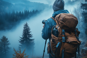 A photographer sonline course producer tanding on a rocky ledge, overlooking a, a Person Photo by Textures & Backgrounds