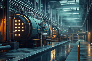 A modern industrial interior featuring large, cylindrical boilers with glowing, an Industrial Photo by Textures & Backgrounds
