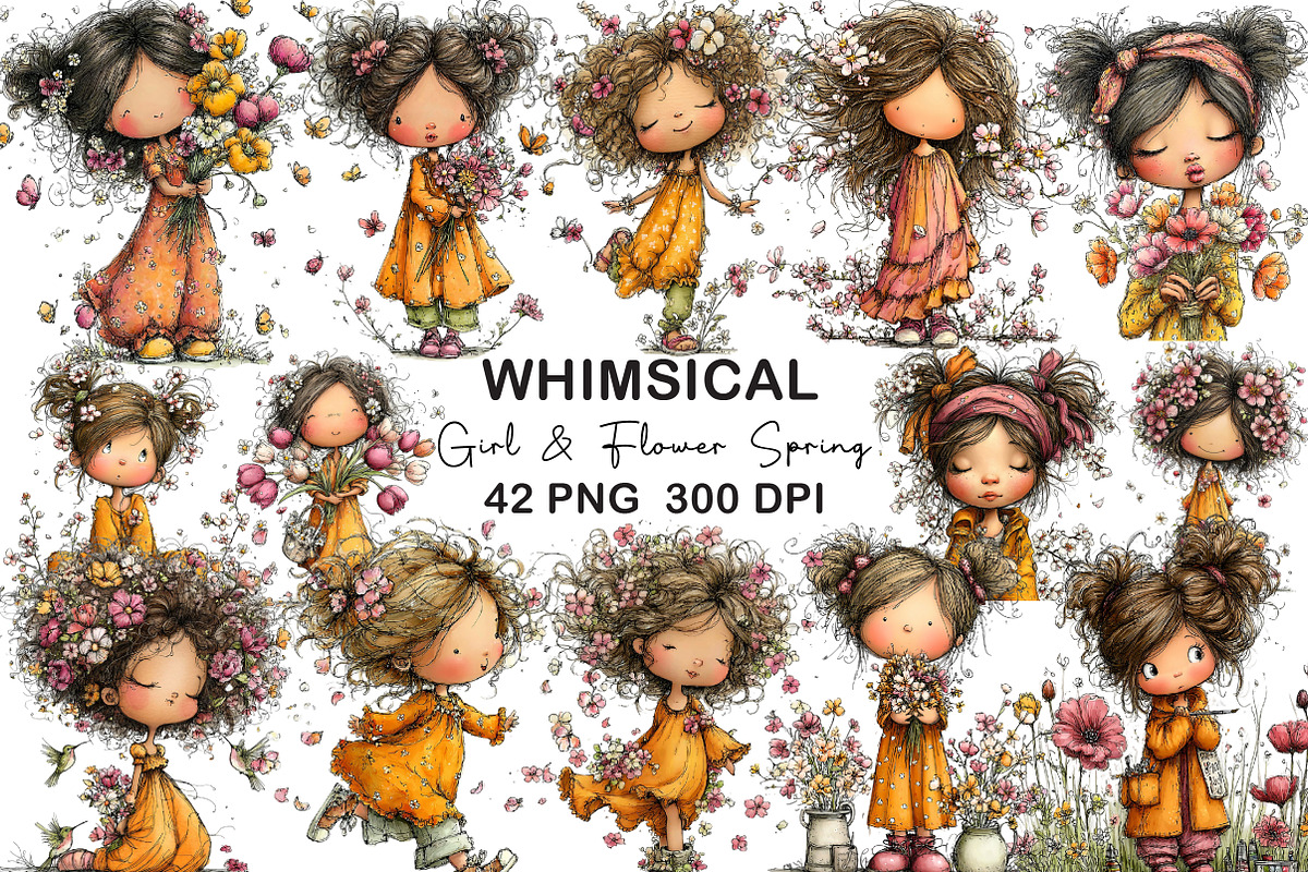 Whimsical Girl & Flower Spring PNG, an Illustration by CraftArtStudio (Photo 1 of 6)
