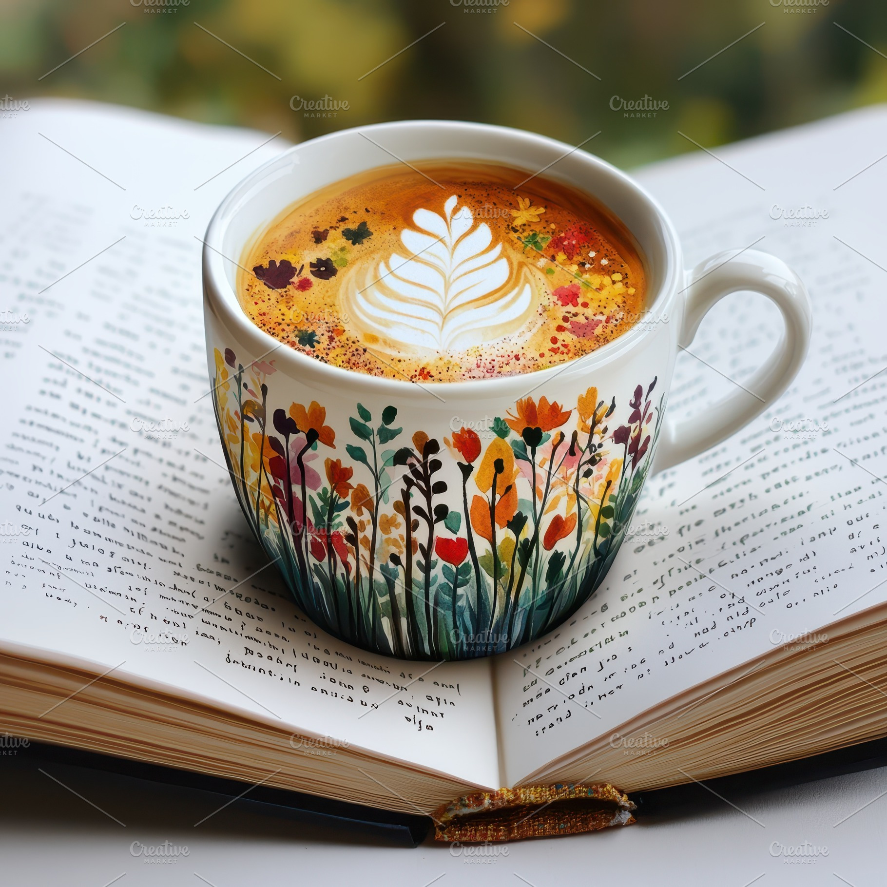 Flowery Coffee Cup on Open Book Cozy, a Food & Drink Photo by Pixeness Studio