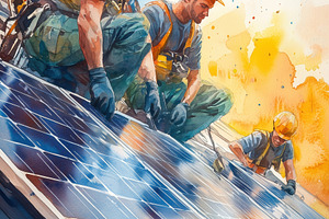 Three workers in hard hats installing solar panels on a roof, showcasing teamwo, a Technology Photo by Textures & Backgrounds