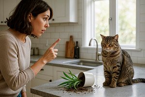 Woman pointing at guilty cat, a Photo by rarrarorro