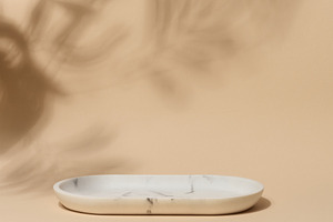 An empty, oval shaped soap dish made of white marble with gray v, a Photo by ndanko