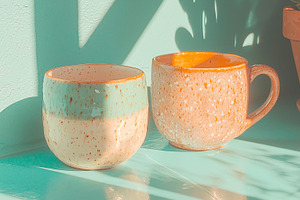 Two ceramic mugs in blue filled, an Abstract Photo by Imaginarium