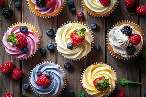 Flat lay of tasty cupcakes with butter cream and ripe berries on wooden table, a Food & Drink Photo by AlyaAnd