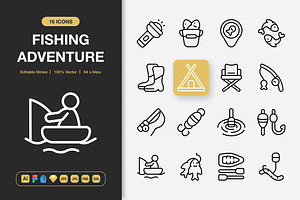 Fishing Adventure Icons, an Outline Icon by Spacepixel Creative