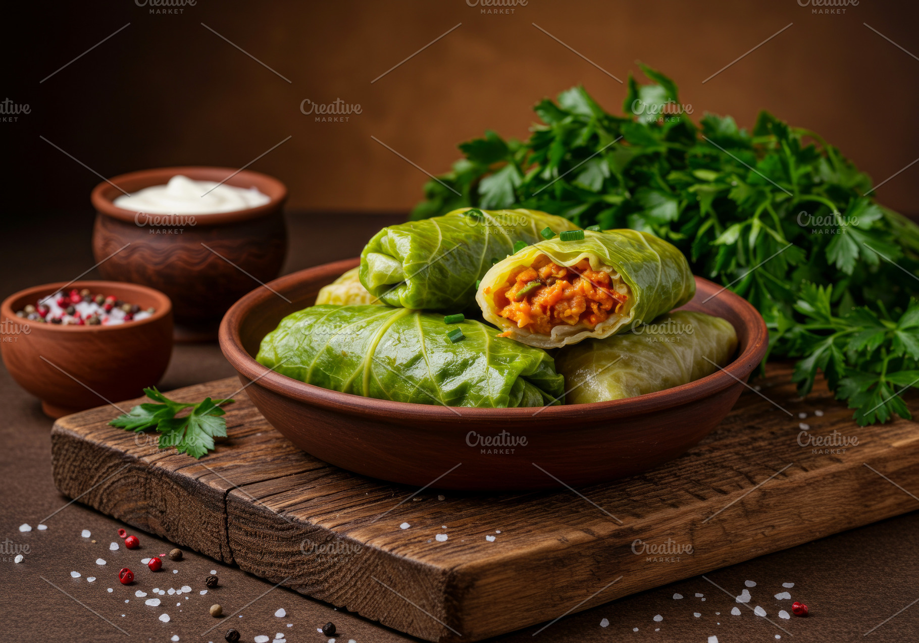 Stuffed cabbage rolls served on a cl, a Food & Drink Photo by professorinc