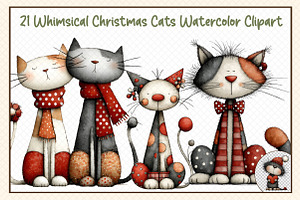 Whimsical Christmas Cats Watercolor, an Illustration by cherrydesign