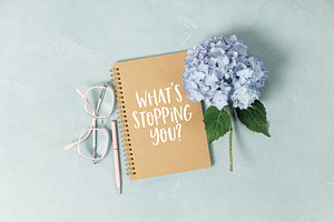 Motivational Notebook with Hydrangea and Glasses Flat Lay, a Holiday Photo by Natalia Klenova's Shop