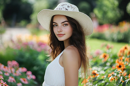 Woman in light summer outfit stands in a vibrant flower garden e, a Person Photo by AlyaAnd