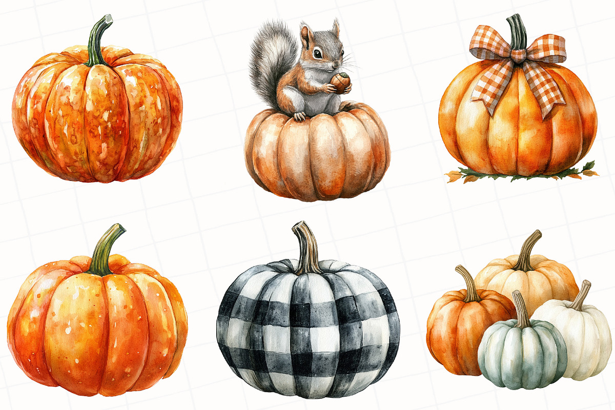 Watercolor Autumn Pumpkin Clipart, an Illustration by OK Design (Photo 2 of 5)