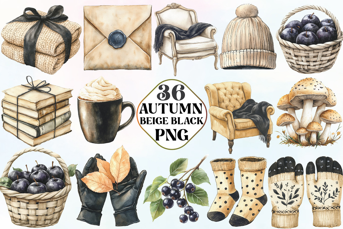 Beige & Black Autumn Clipart, an Illustration by CraftArtStudio (Photo 1 of 6)