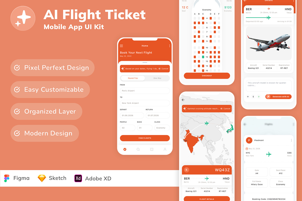 AI Flight Ticket Mobile App UI Kit, an UI Kit Template by Betush (Photo 2 of 2)