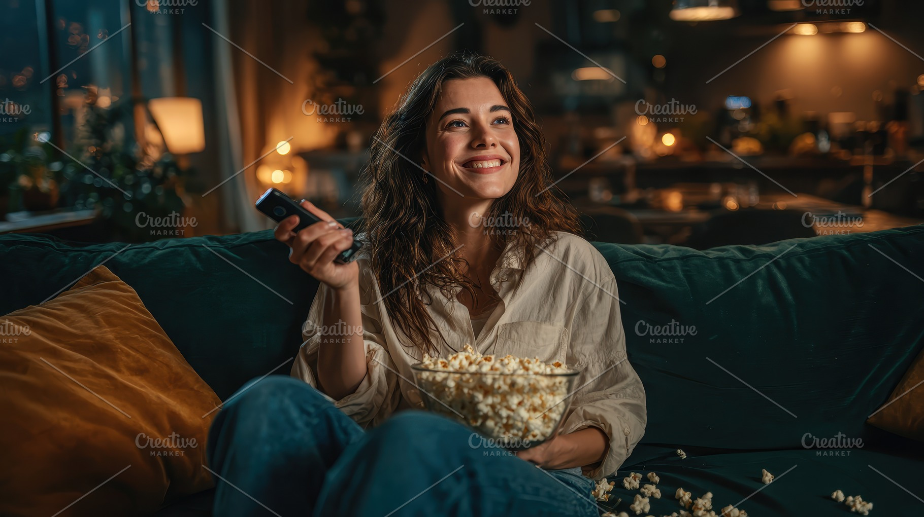 Woman enjoys movie night popcorn rem, a Photo by Pixeness Studio