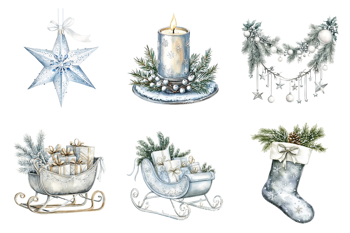 Watercolor Silver Christmas Bundle, a Transportation Illustration by SinaCreation (Photo 3 of 6)