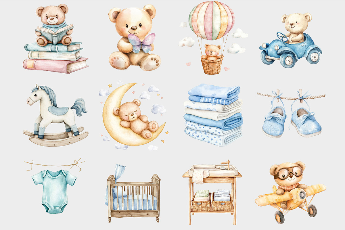 Watercolor Blue Teddy Bear Clipart, a Seasonal Illustration by Design Market (Photo 4 of 4)