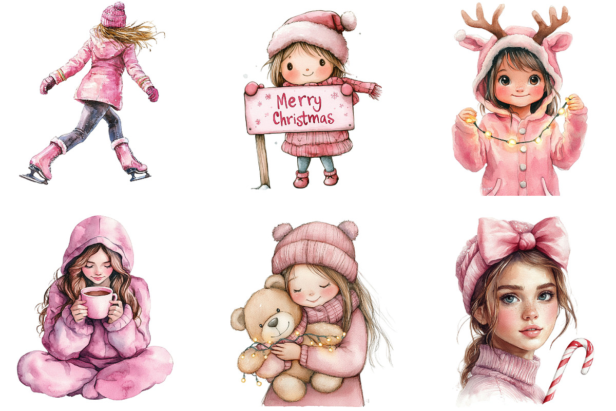 Cute Girl Pink Christmas Clipart, an Illustration by DreamArtGraphic (Photo 3 of 5)