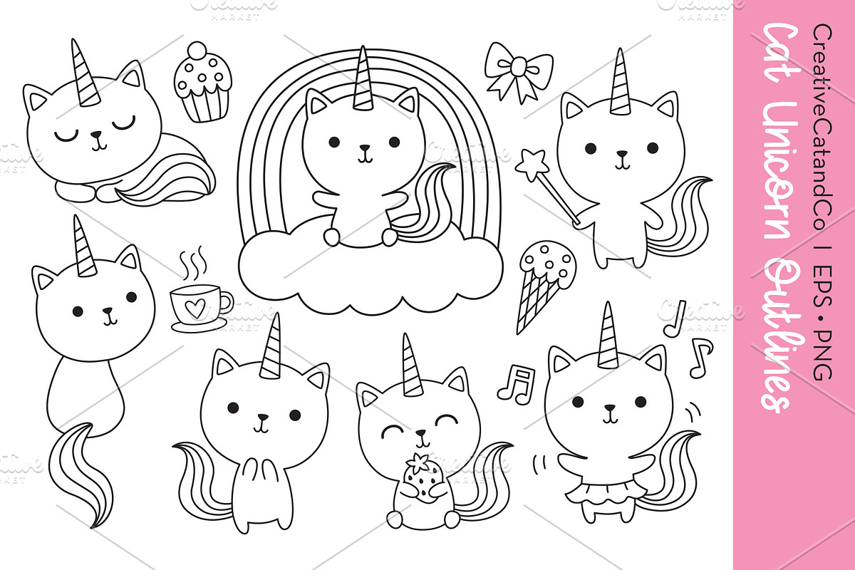 Cat Unicorn Outline Vector EPS PNG, an Animal Illustration by CreativeCatandCo