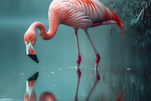 Graceful pink flamingo bending to drink from still water with vi, an Animal Photo by José Manuel Gelpi