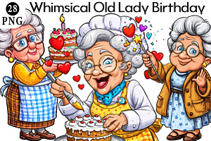 Whimsical Old Lady Birthday Clipart, an Illustration by Daily.Designs