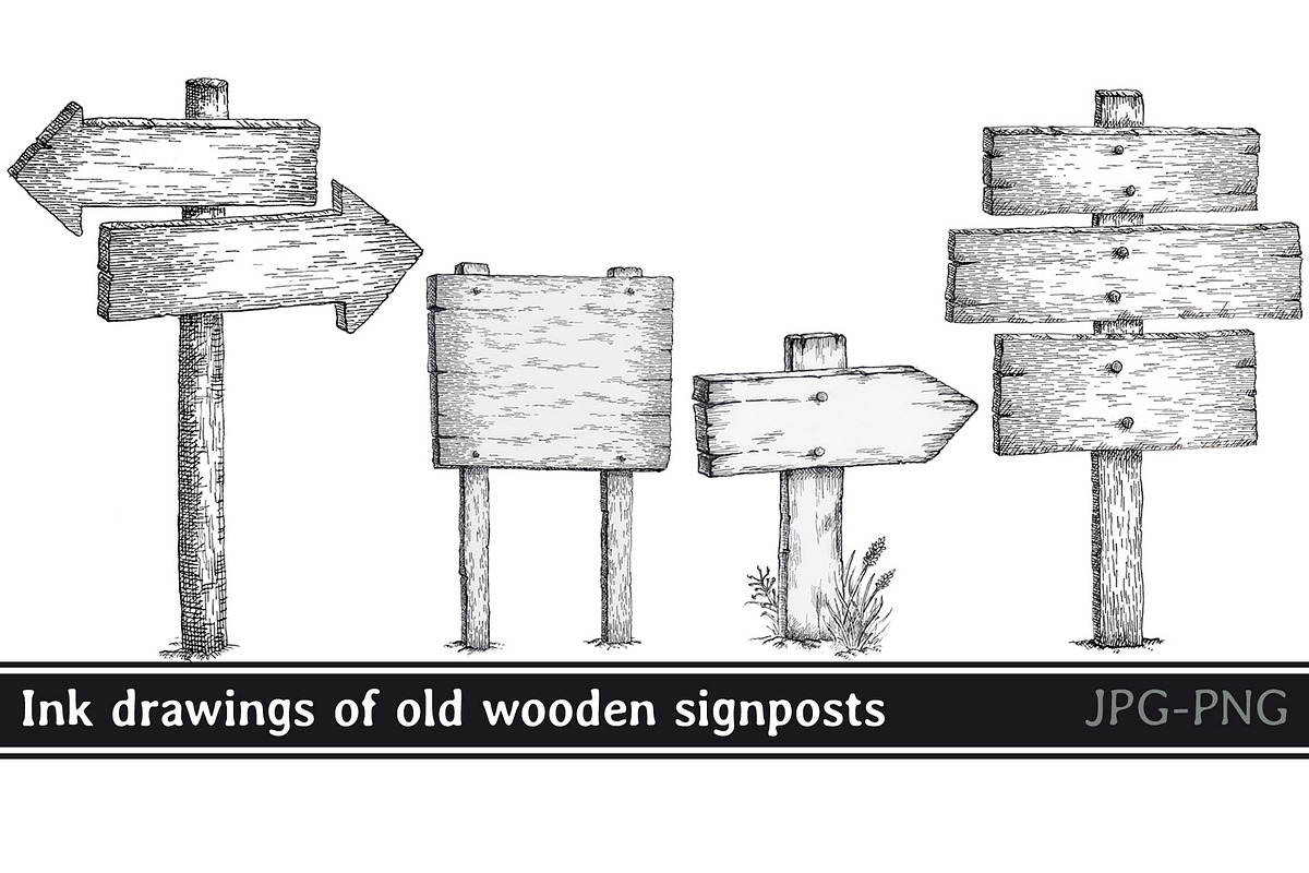Ink drawings of old wooden signposts, an Object Illustration by javi.ruiz (Photo 1 of 6)
