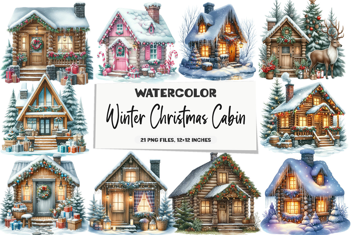 Winter Christmas Cabin Clipart, an Illustration by DreamArtGraphic (Photo 1 of 4)