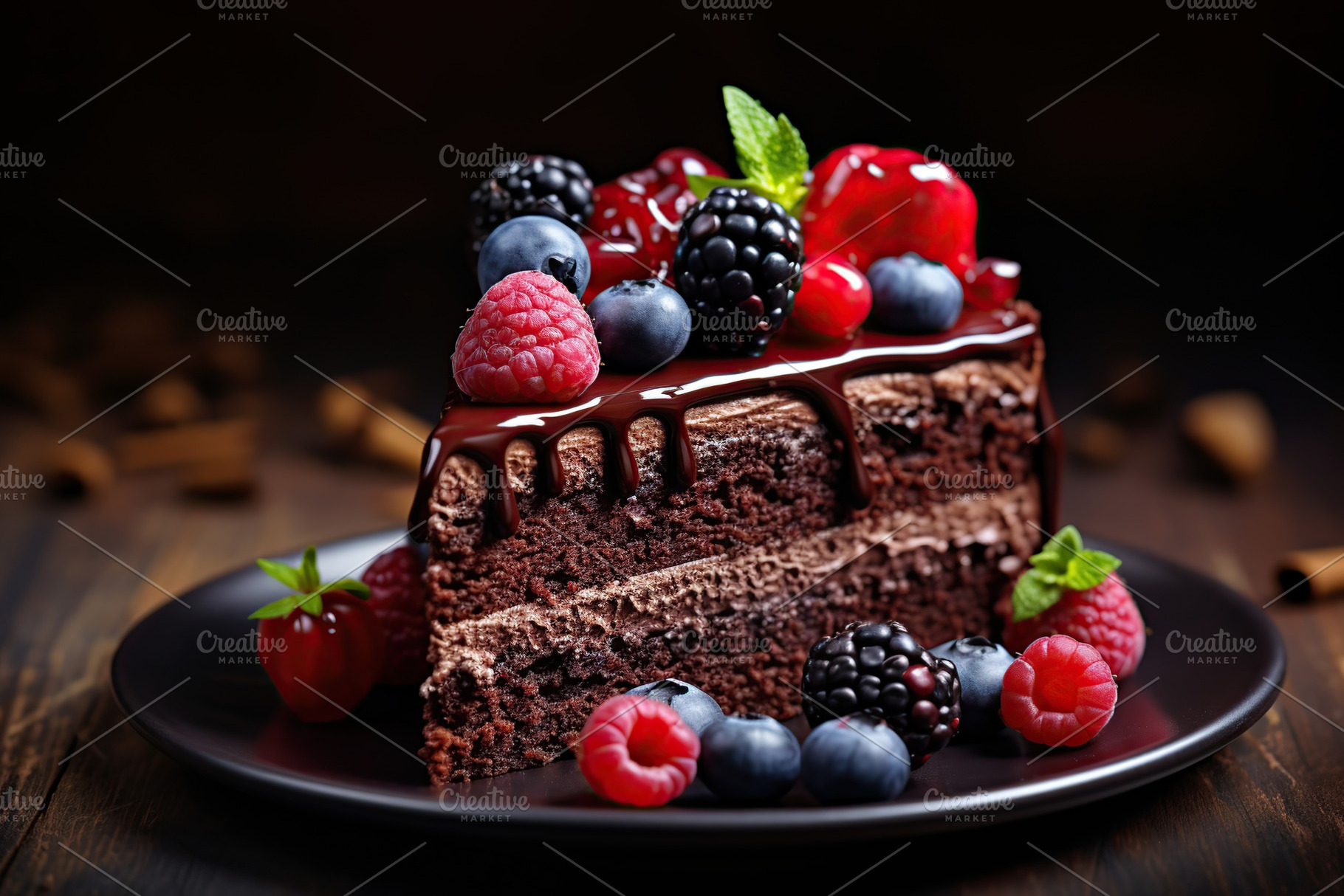 Piece of chocolate cake with fresh berries on brown wooden table, a Food & Drink Photo by AlyaAnd