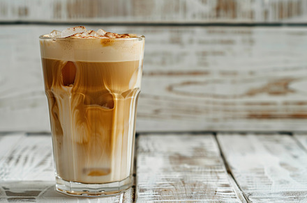 Glass of iced coffee on wooden table, a Food & Drink Photo by AlyaAnd